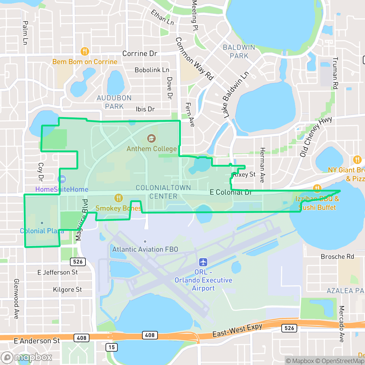 Map showing the location of Colonial Town Center, Orlando, FL