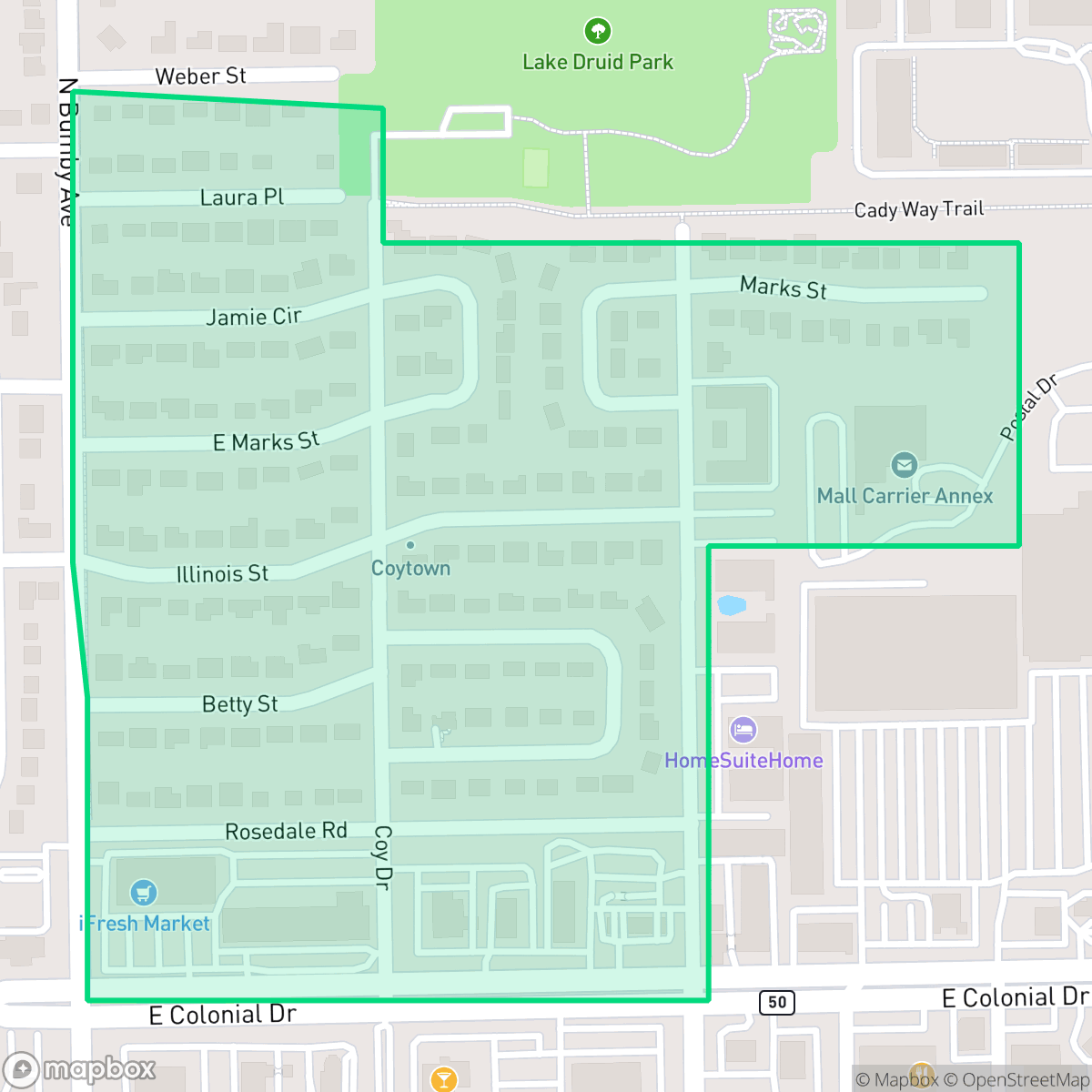 Map showing the location of Coytown, Orlando, FL