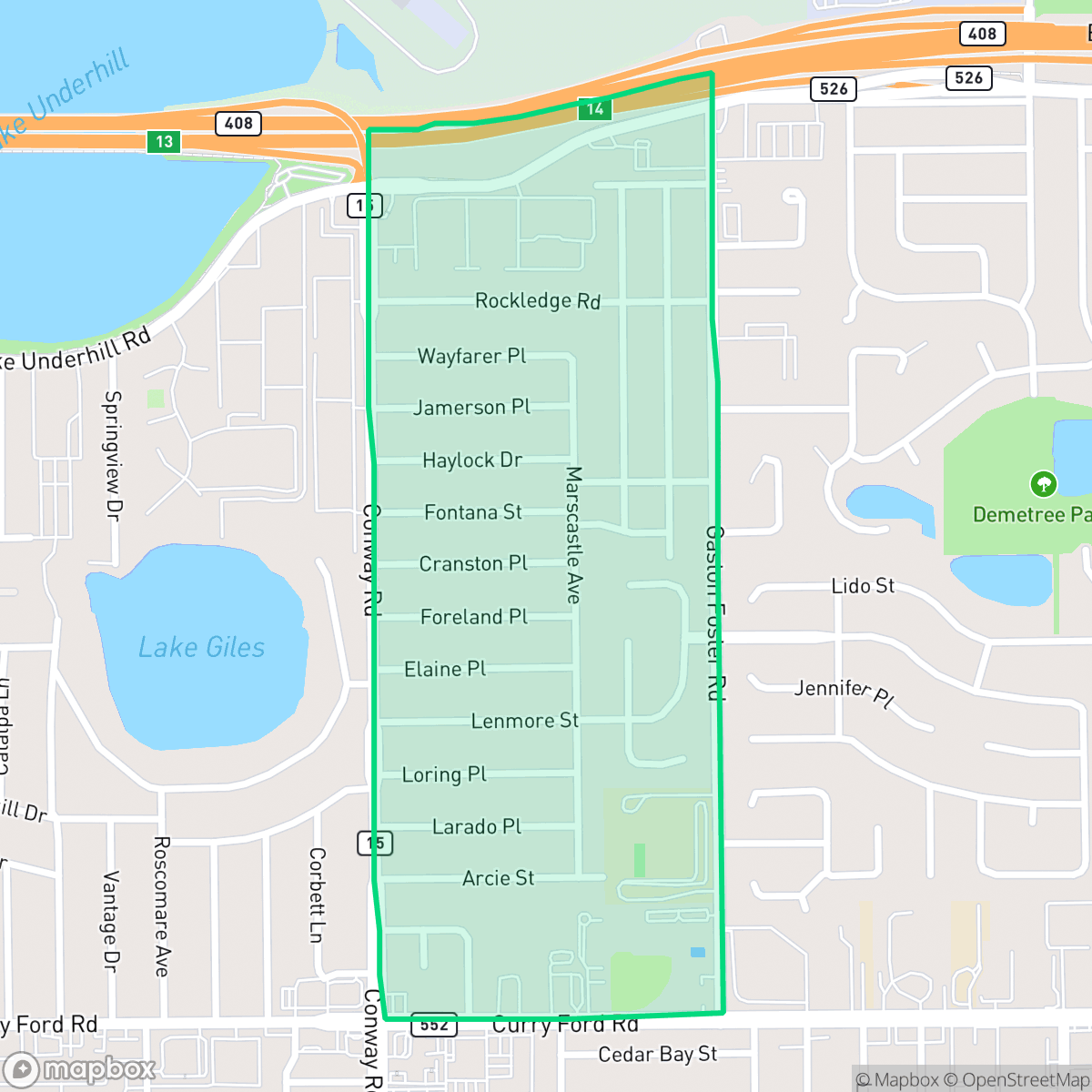 Map showing the location of Dover Shores East, Orlando, FL