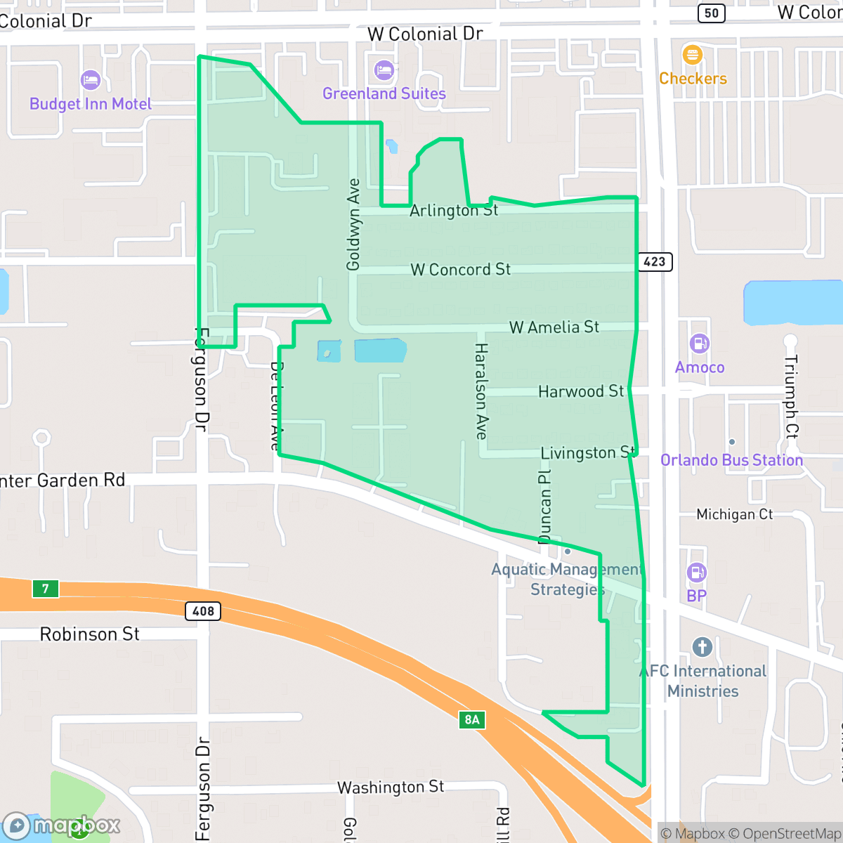 Map showing the location of Haralson Estates, Orlando, FL