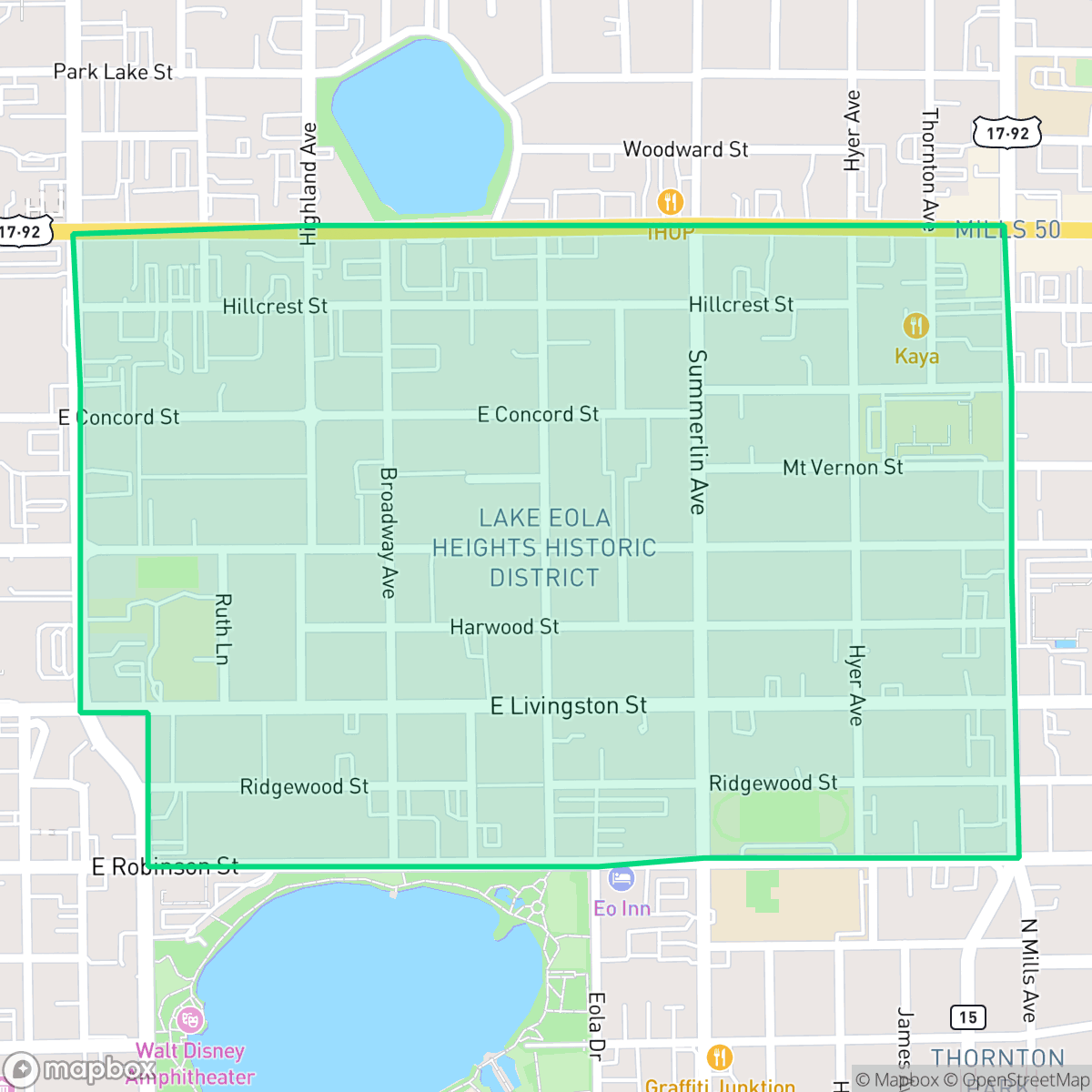 Map showing the location of Lake Eola Heights, Orlando, FL