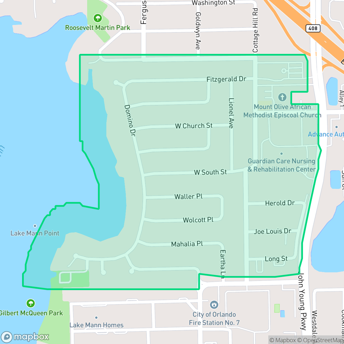 Map showing the location of Lake Mann Estates, Orlando, FL