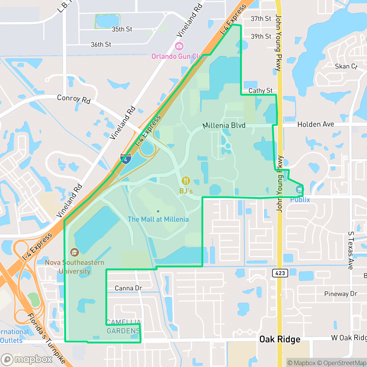 Map showing the location of Millenia, Orlando, FL