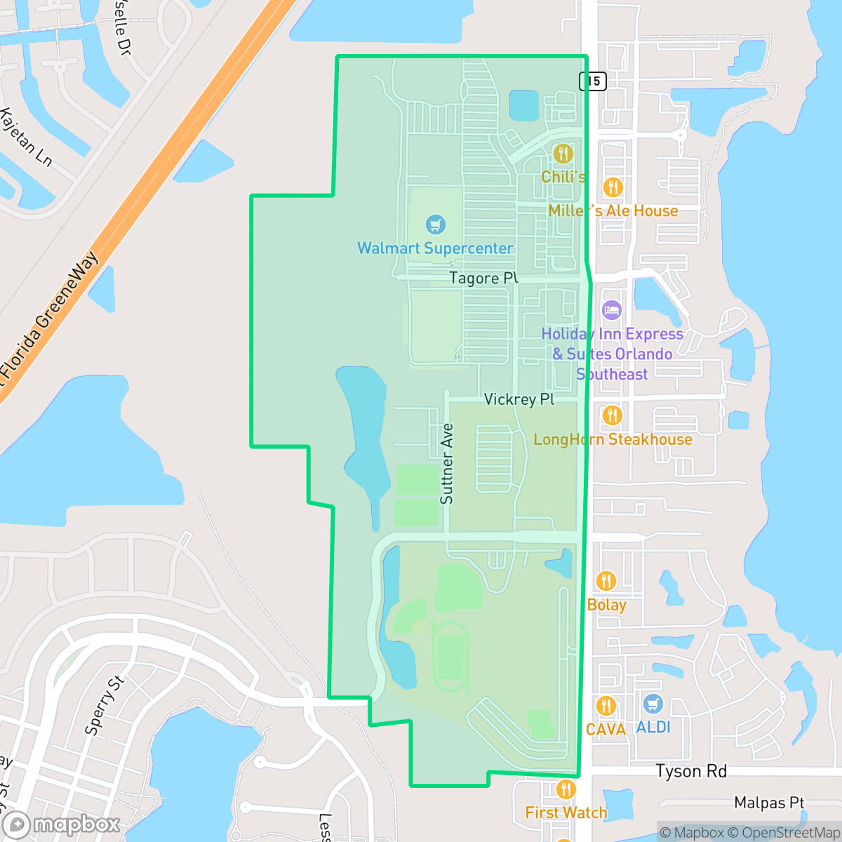 Map showing the location of Narcoossee Groves, Orlando, FL