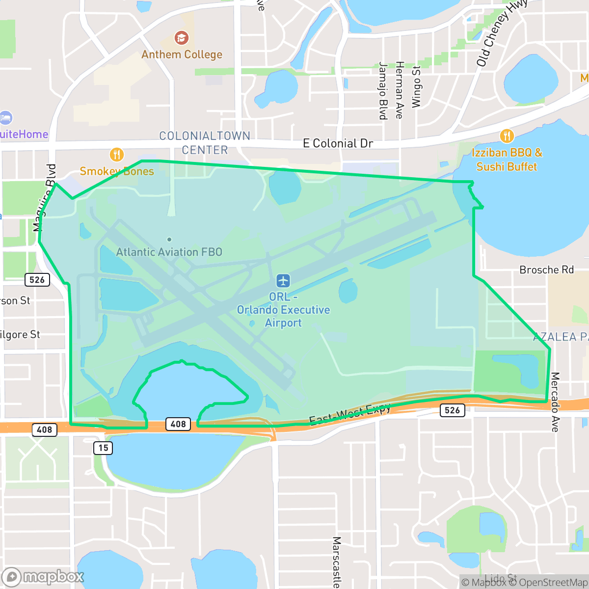 Map showing the location of Orlando Executive Airport, Orlando, FL