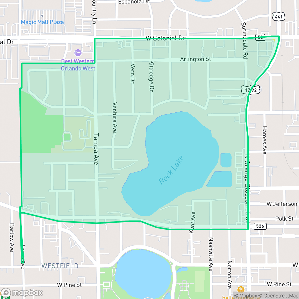 Map showing the location of Rock Lake, Orlando, FL