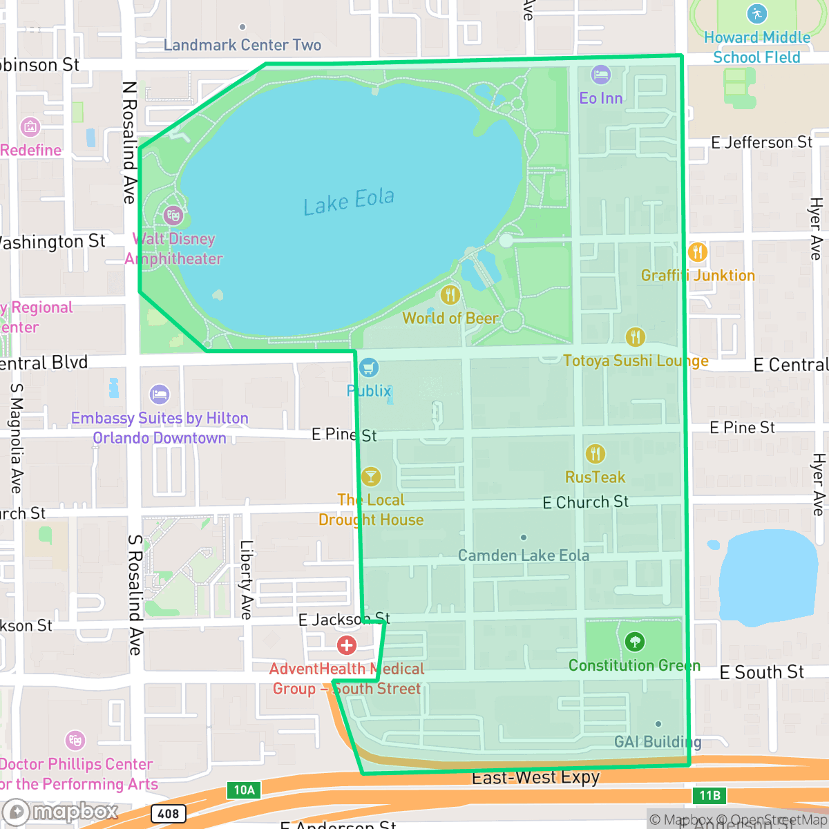Map showing the location of South Eola, Orlando, FL