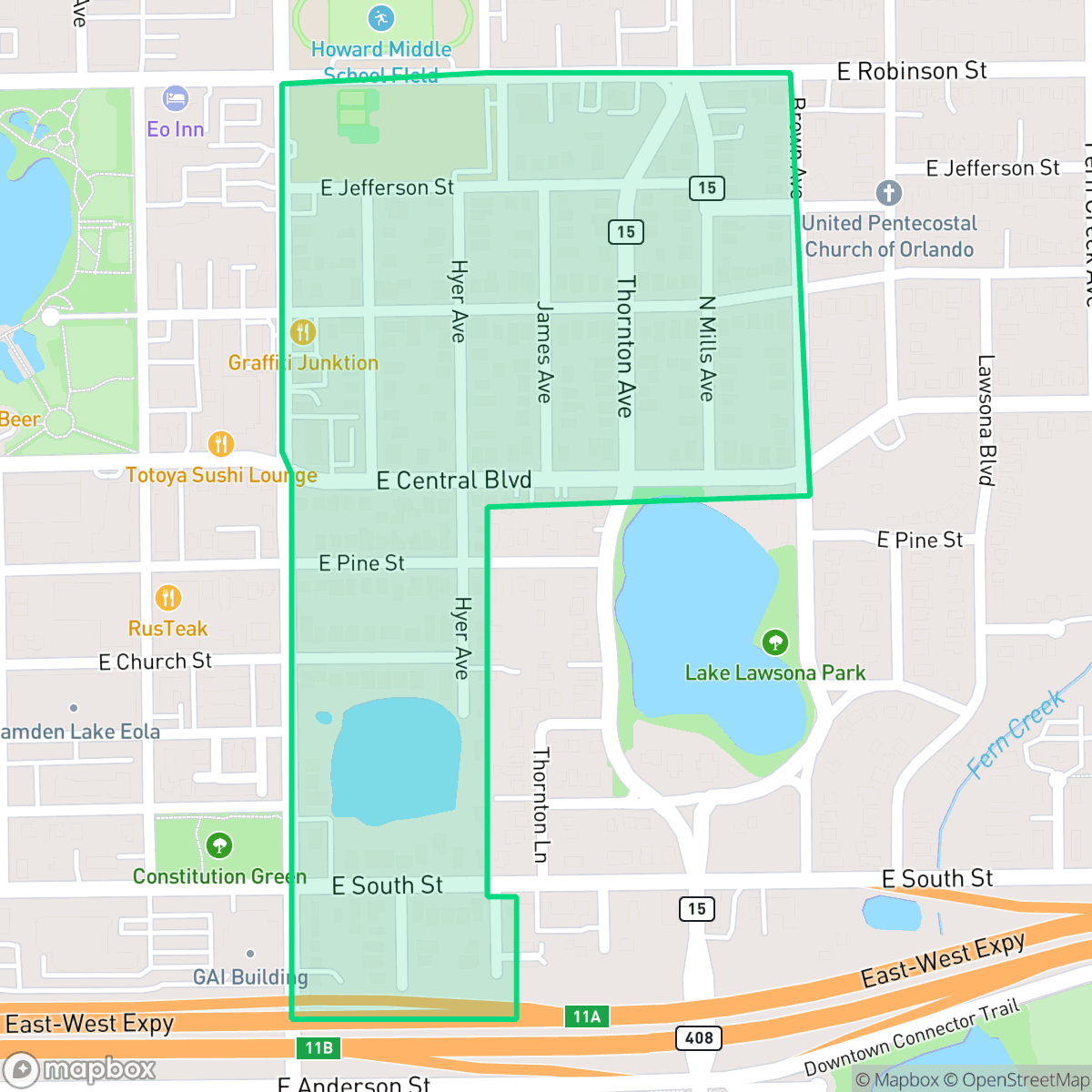 Map showing the location of Thornton Park, Orlando, FL