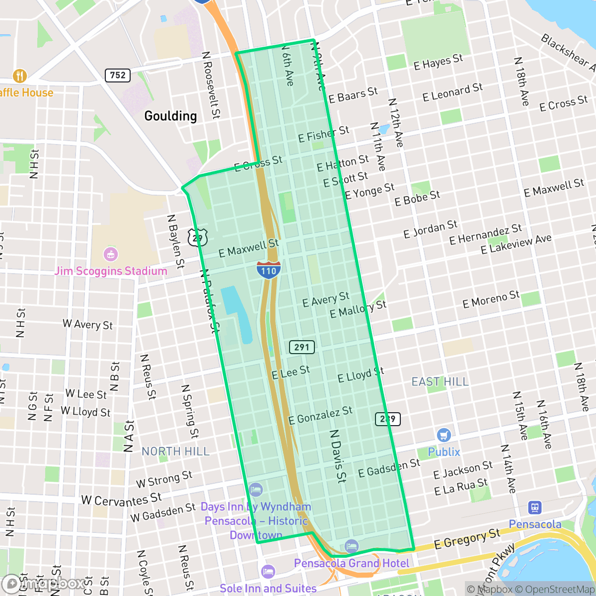 Map showing the location of East Downtown, Pensacola, FL