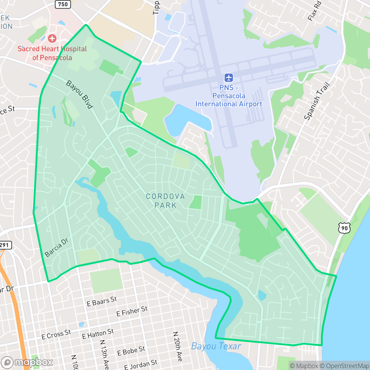 Map showing the location of Woodland Heights, Pensacola, FL