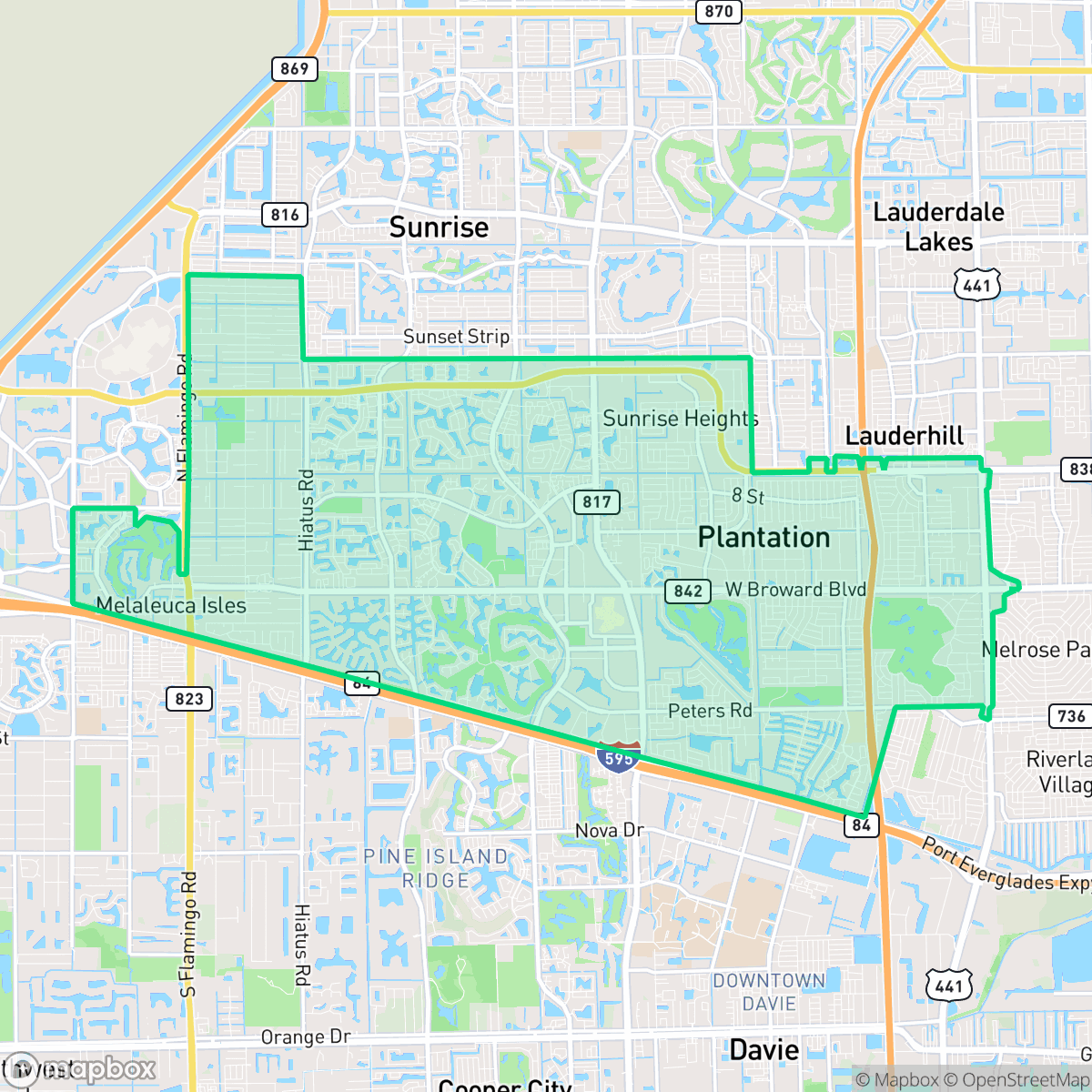 Map showing the location of Plantation, FL — coverage area