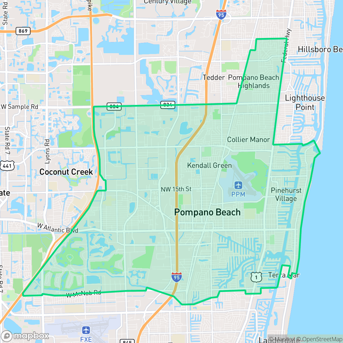 Map showing the location of Pompano Beach, FL — coverage area