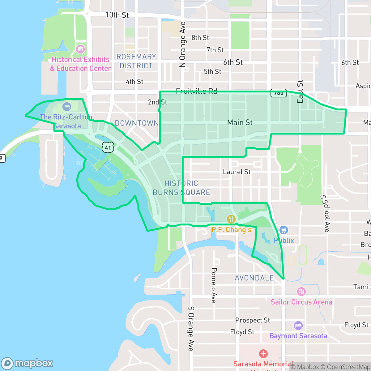 Map showing the location of Downtown, Sarasota, FL