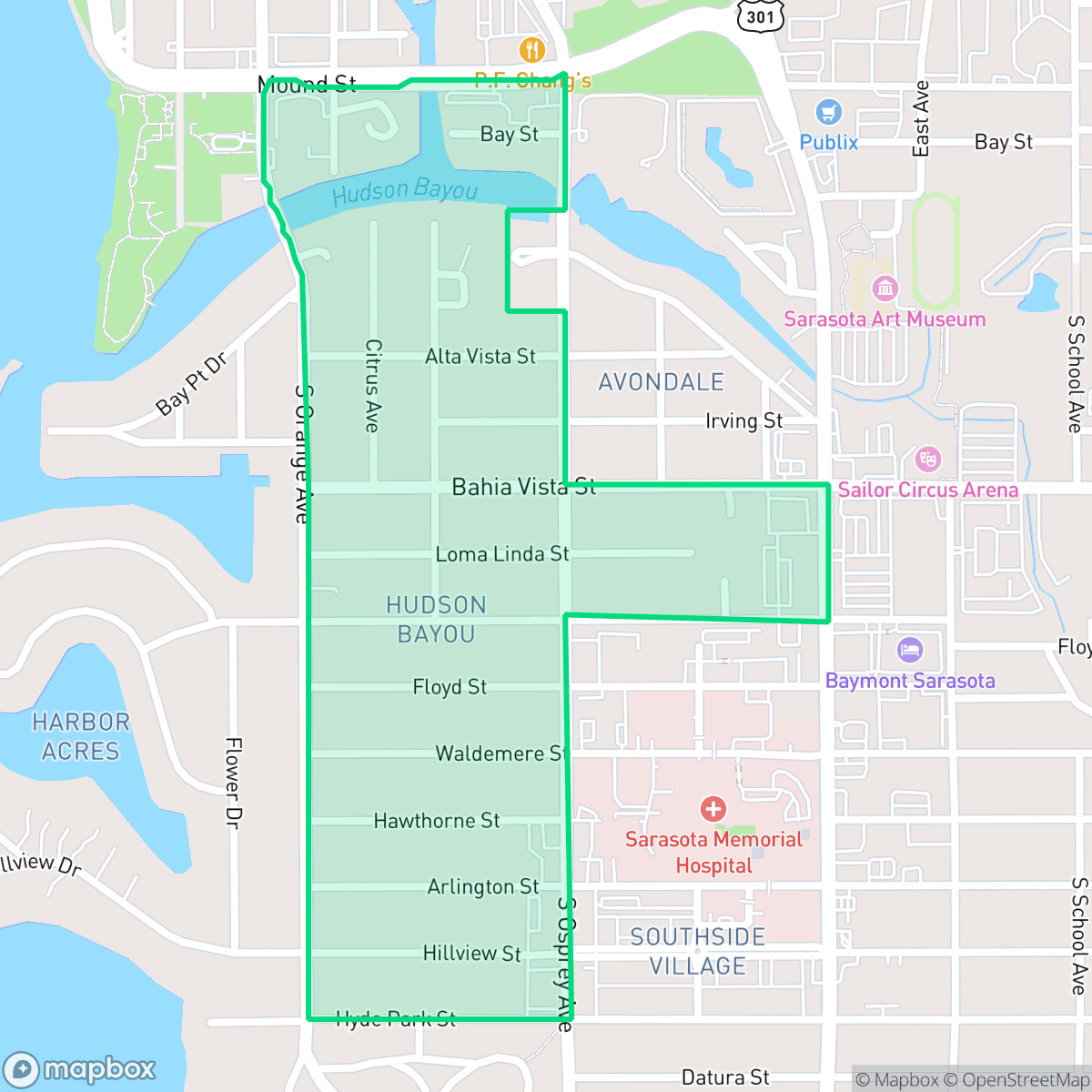Map showing the location of Hudson Bayou, Sarasota, FL
