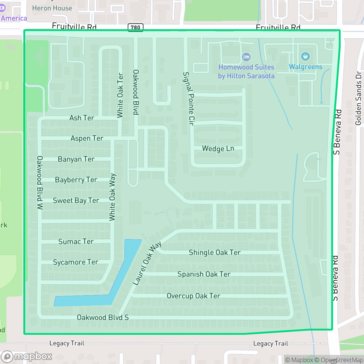 Map showing the location of Oakwood Manor, Sarasota, FL