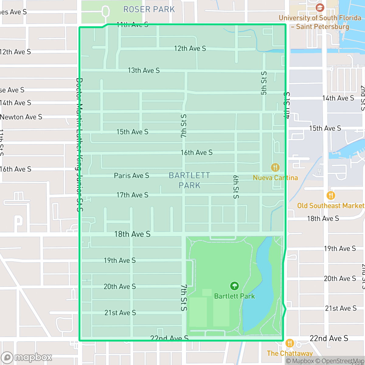 Map showing the location of Bartlett Park, St. Petersburg, FL