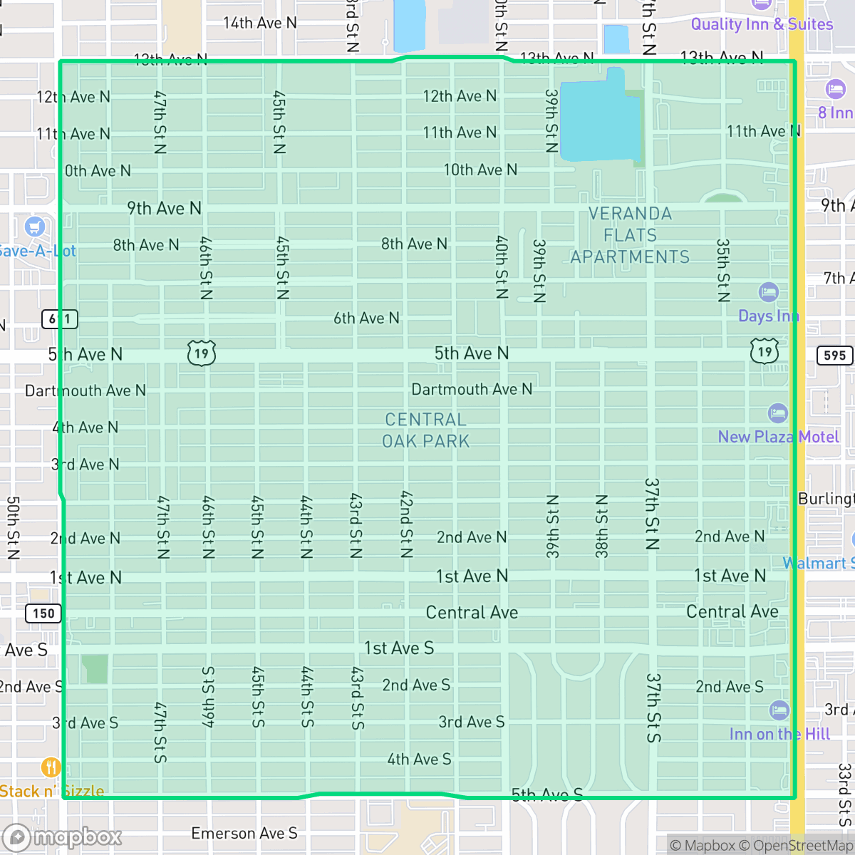 Map showing the location of Central Oak Park, St. Petersburg, FL