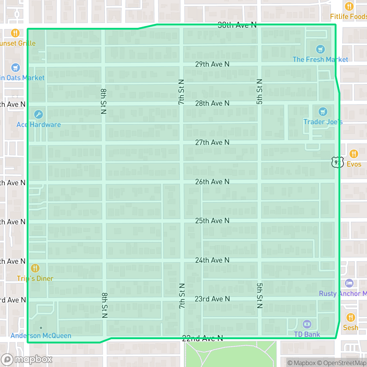 Map showing the location of Crescent Heights, St. Petersburg, FL