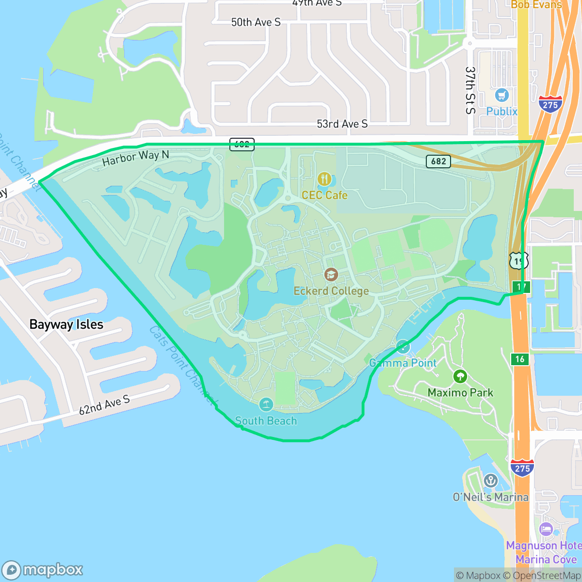 Map showing the location of Eckerd College, St. Petersburg, FL