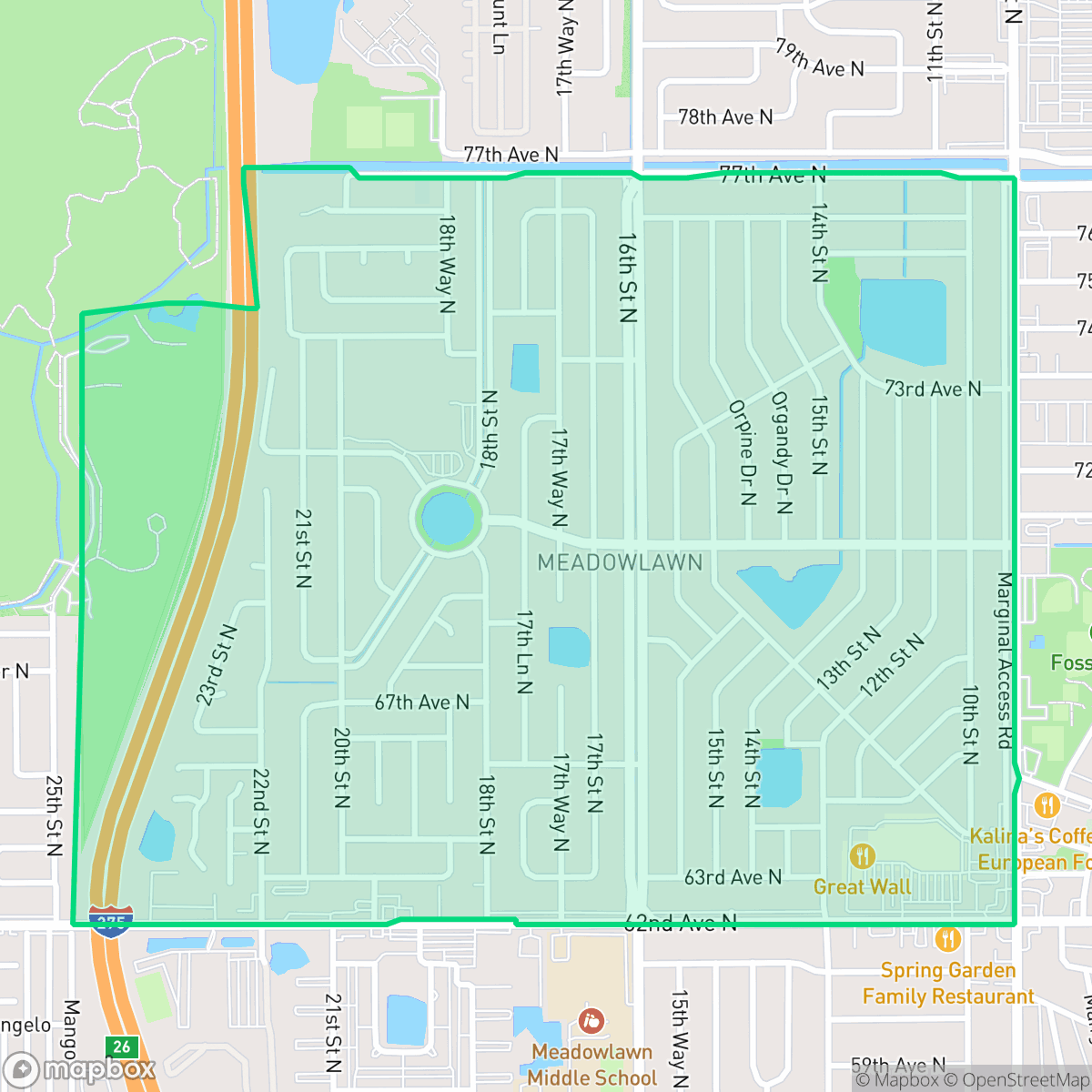 Map showing the location of Meadowlawn, St. Petersburg, FL