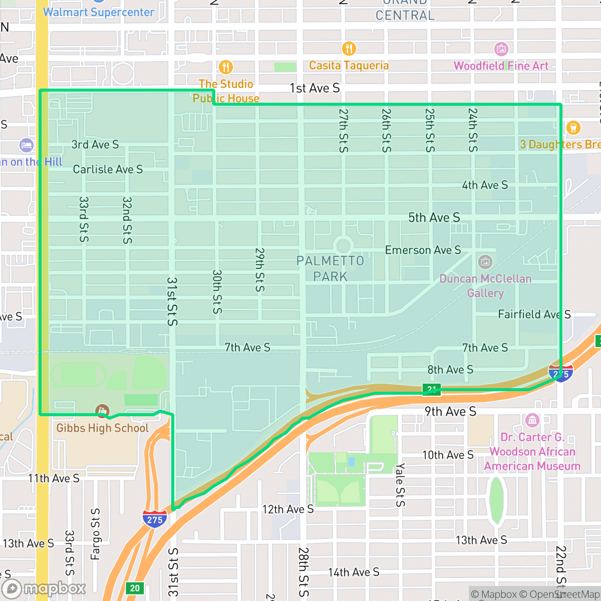 Map showing the location of Palmetto Park, St. Petersburg, FL