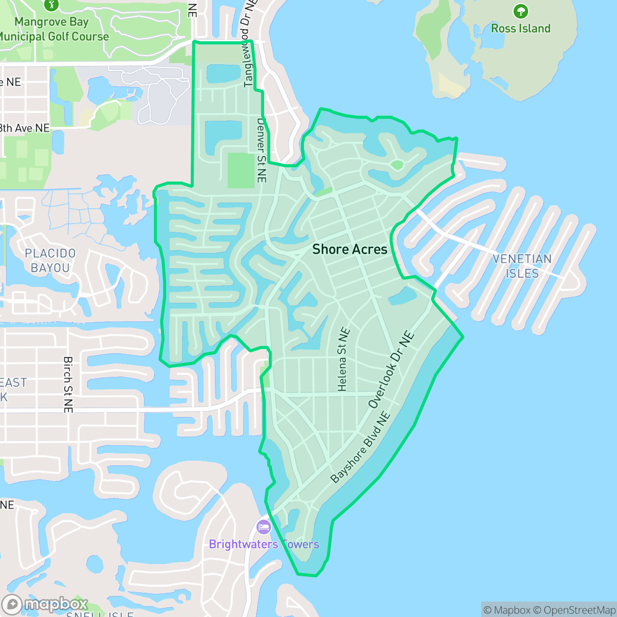 Map showing the location of Shore Acres, St. Petersburg, FL