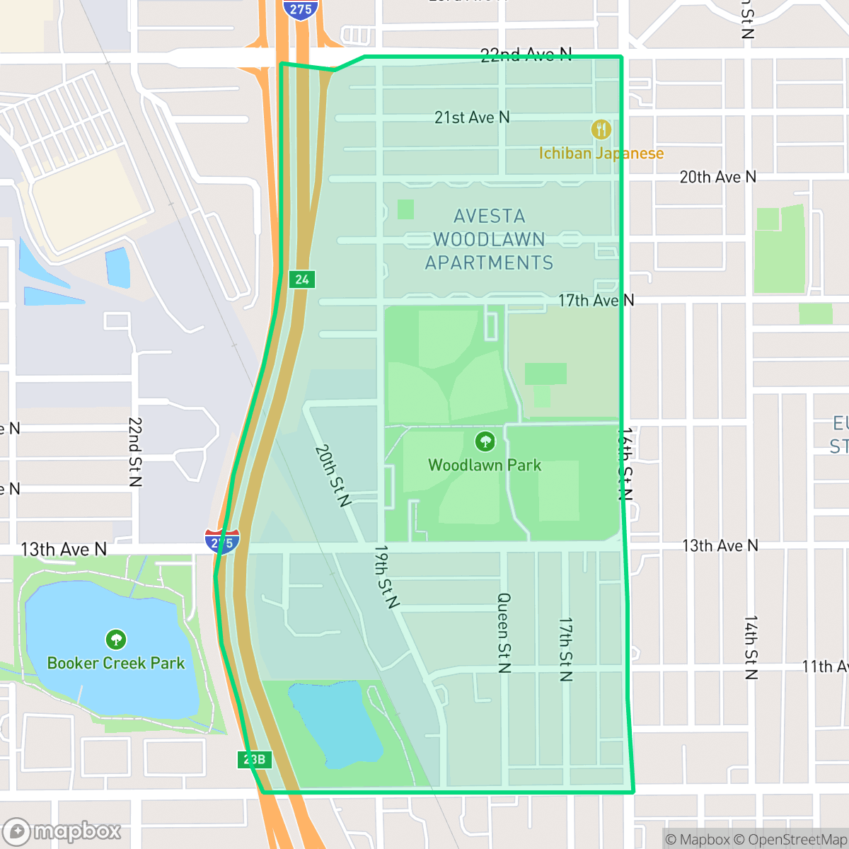 Map showing the location of Woodlawn Oaks, St. Petersburg, FL