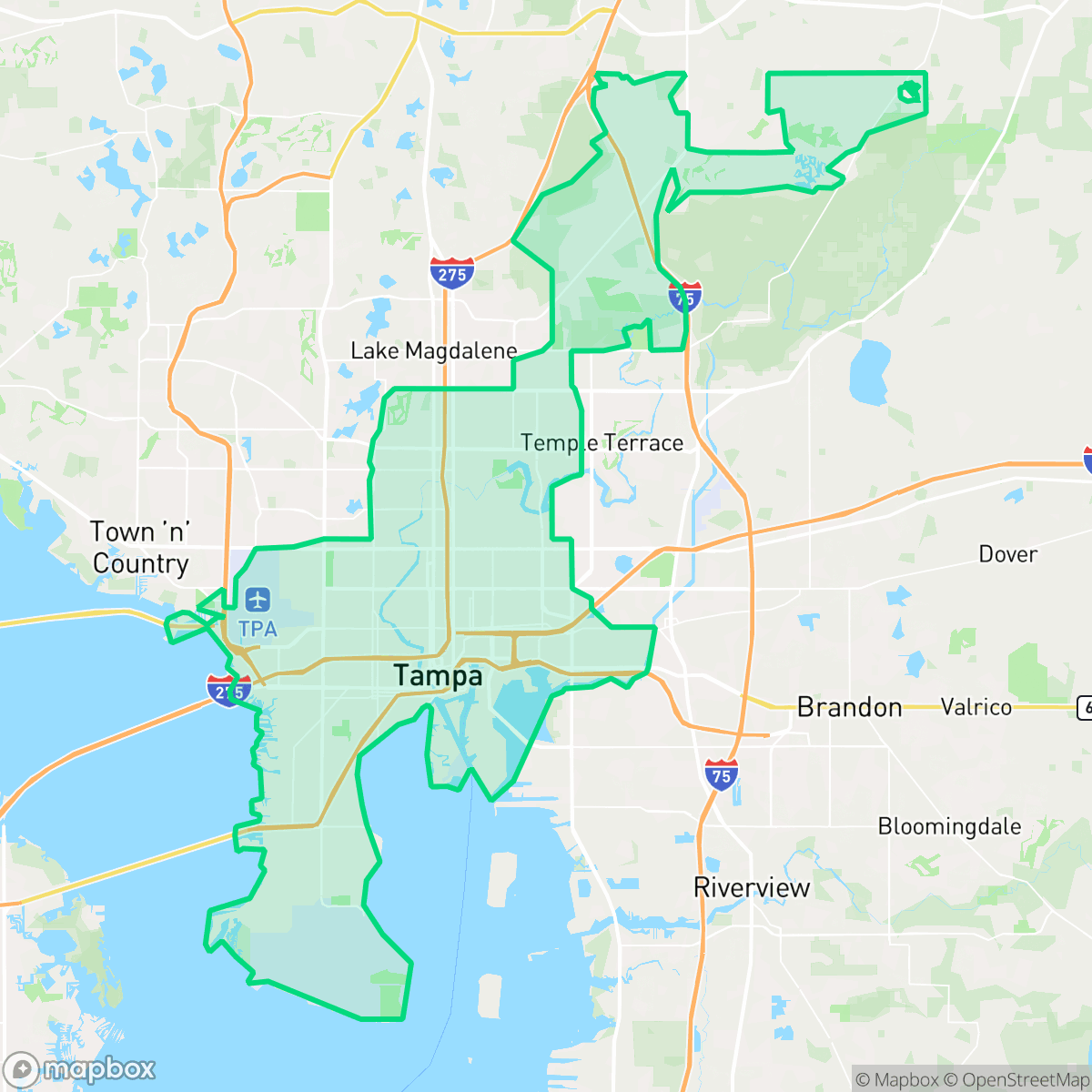 Map showing the location of Tampa, FL — coverage area