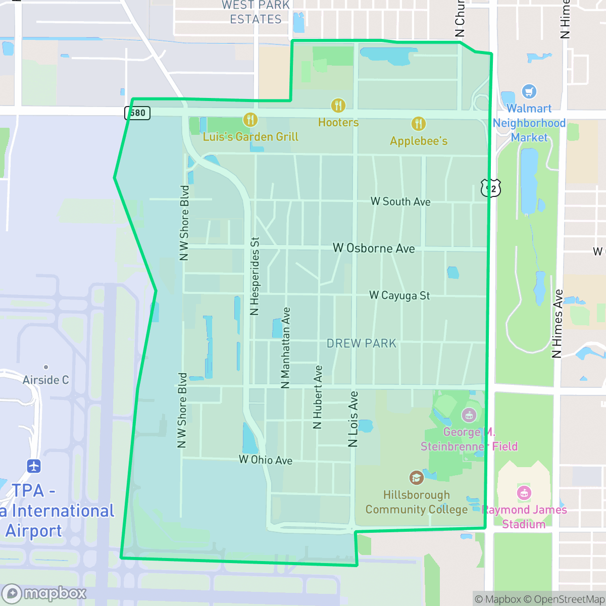 Map showing the location of Drew Park, Tampa, FL
