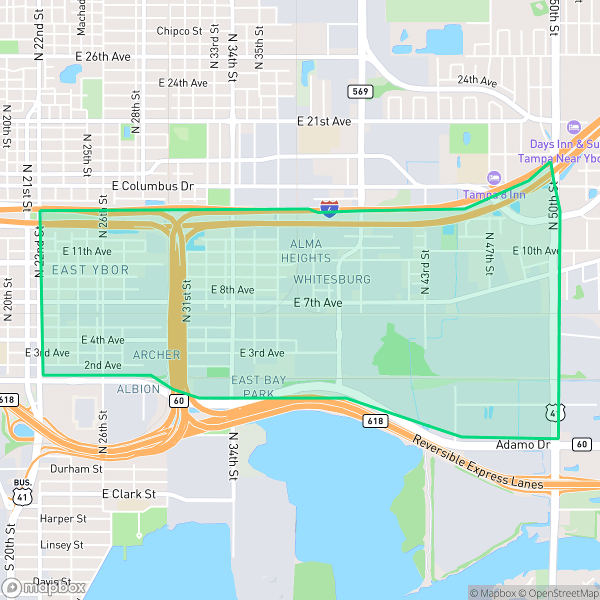 Map showing the location of East Ybor, Tampa, FL