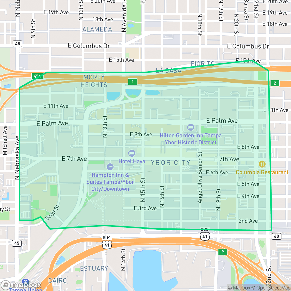 Map showing the location of Historic Ybor, Tampa, FL