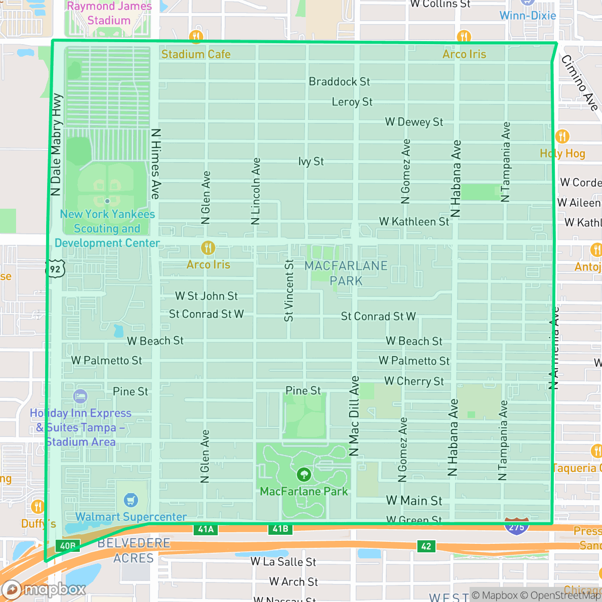 Map showing the location of Northeast Macfarlane, Tampa, FL