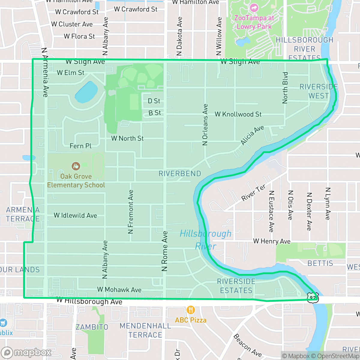 Map showing the location of Riverbend, Tampa, FL