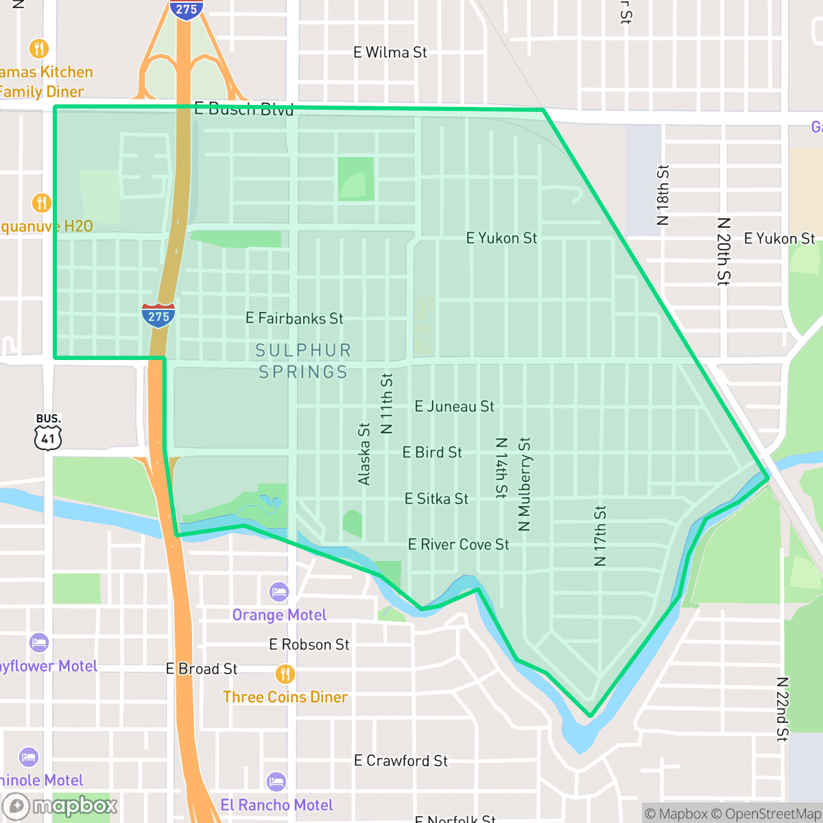 Map showing the location of Sulphur Springs, Tampa, FL