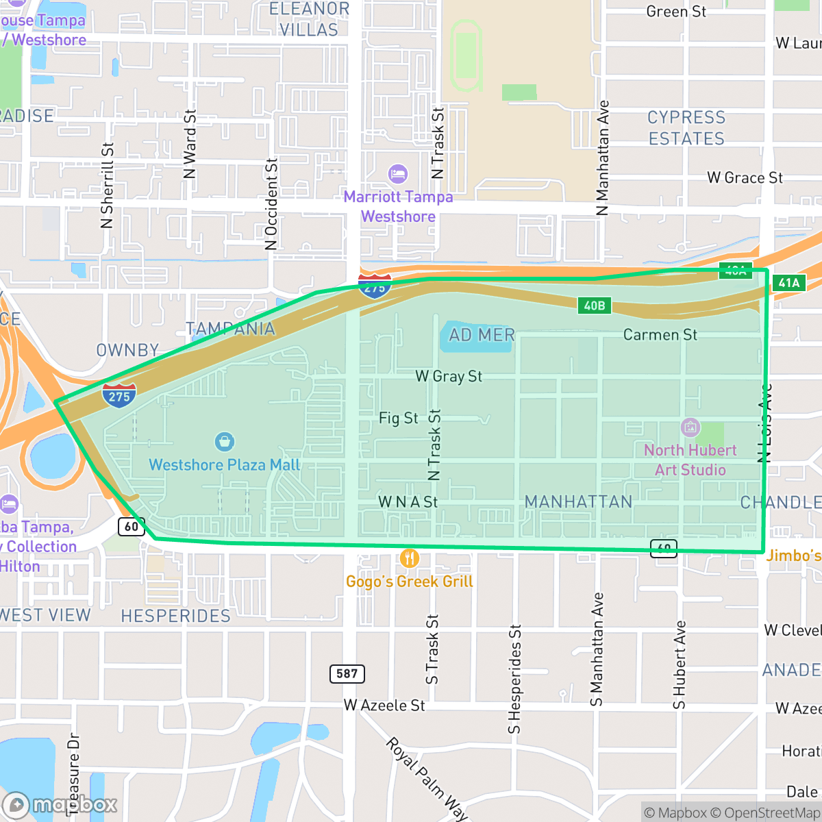Map showing the location of West Shore Palms, Tampa, FL