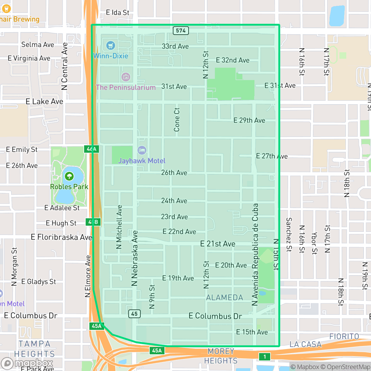 Map showing the location of Ybor City, Tampa, FL