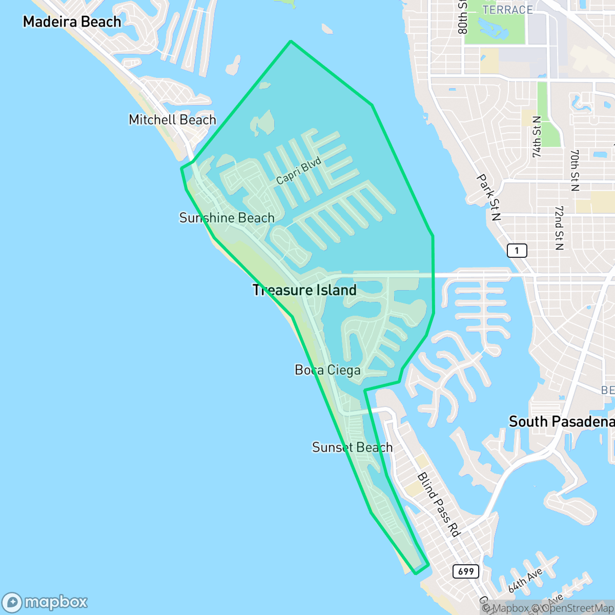 Map showing the location of Treasure Island, FL — coverage area