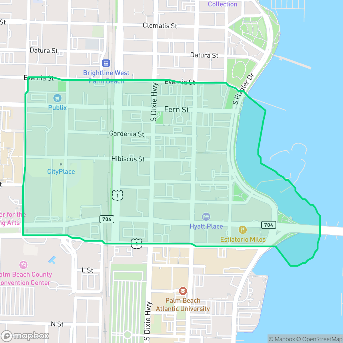 Map showing the location of Downtown, West Palm Beach, FL