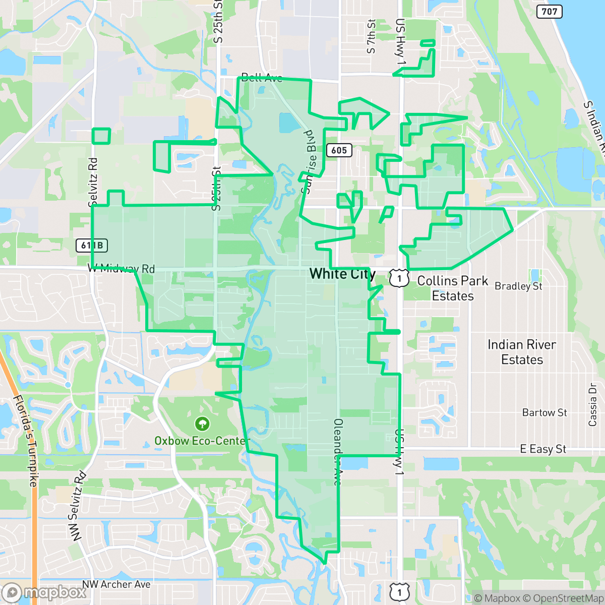 Map showing the location of White City, FL — coverage area
