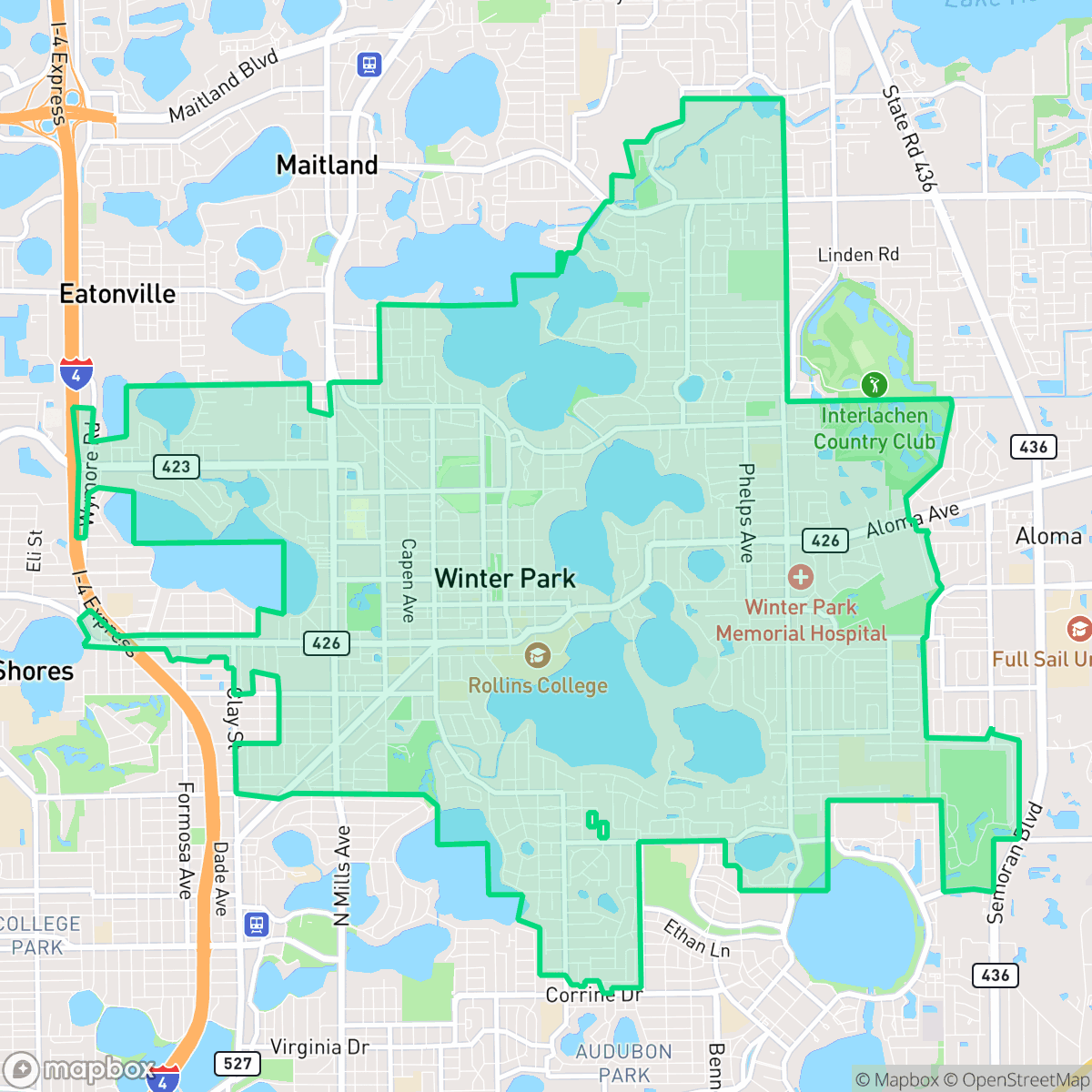 Map showing the location of Winter Park, FL — coverage area