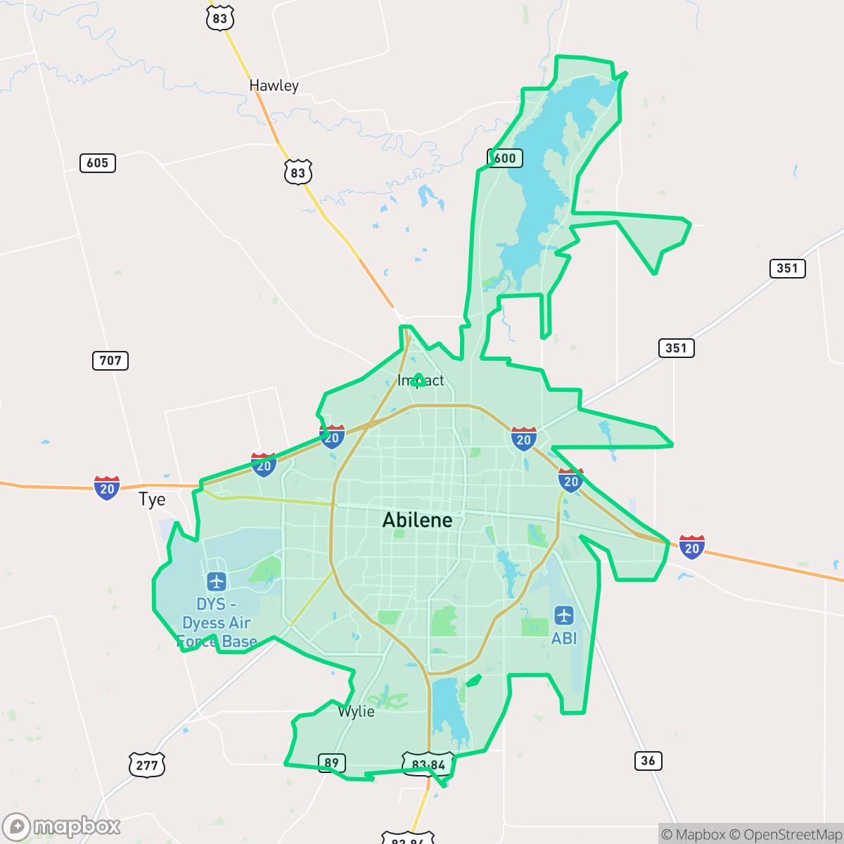 Map showing the location of Abilene, TX — coverage area