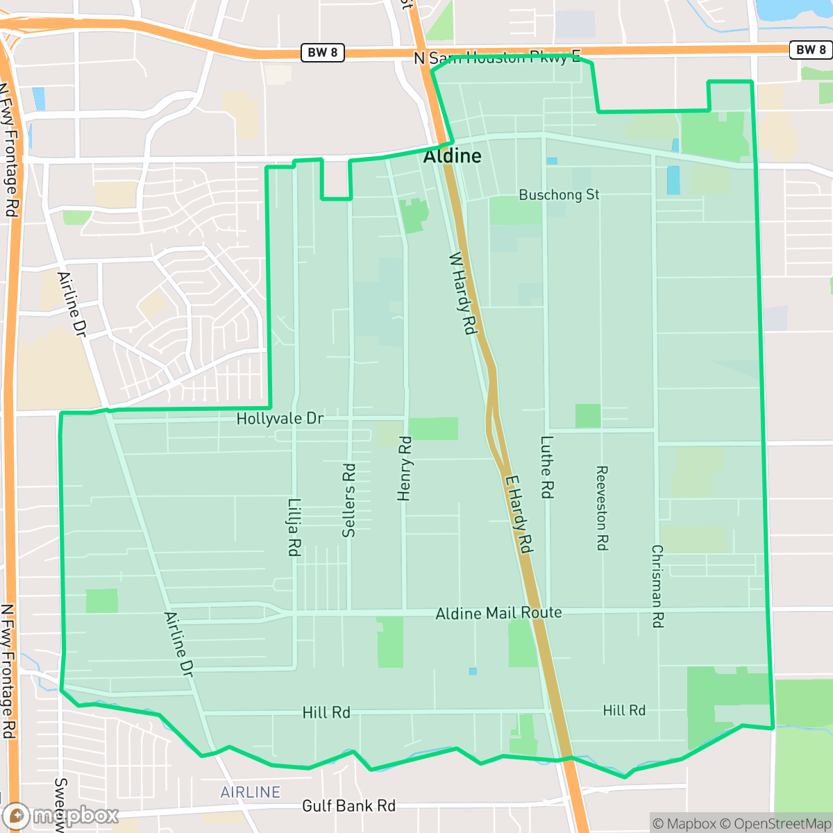 Map showing the location of Aldine, TX — coverage area