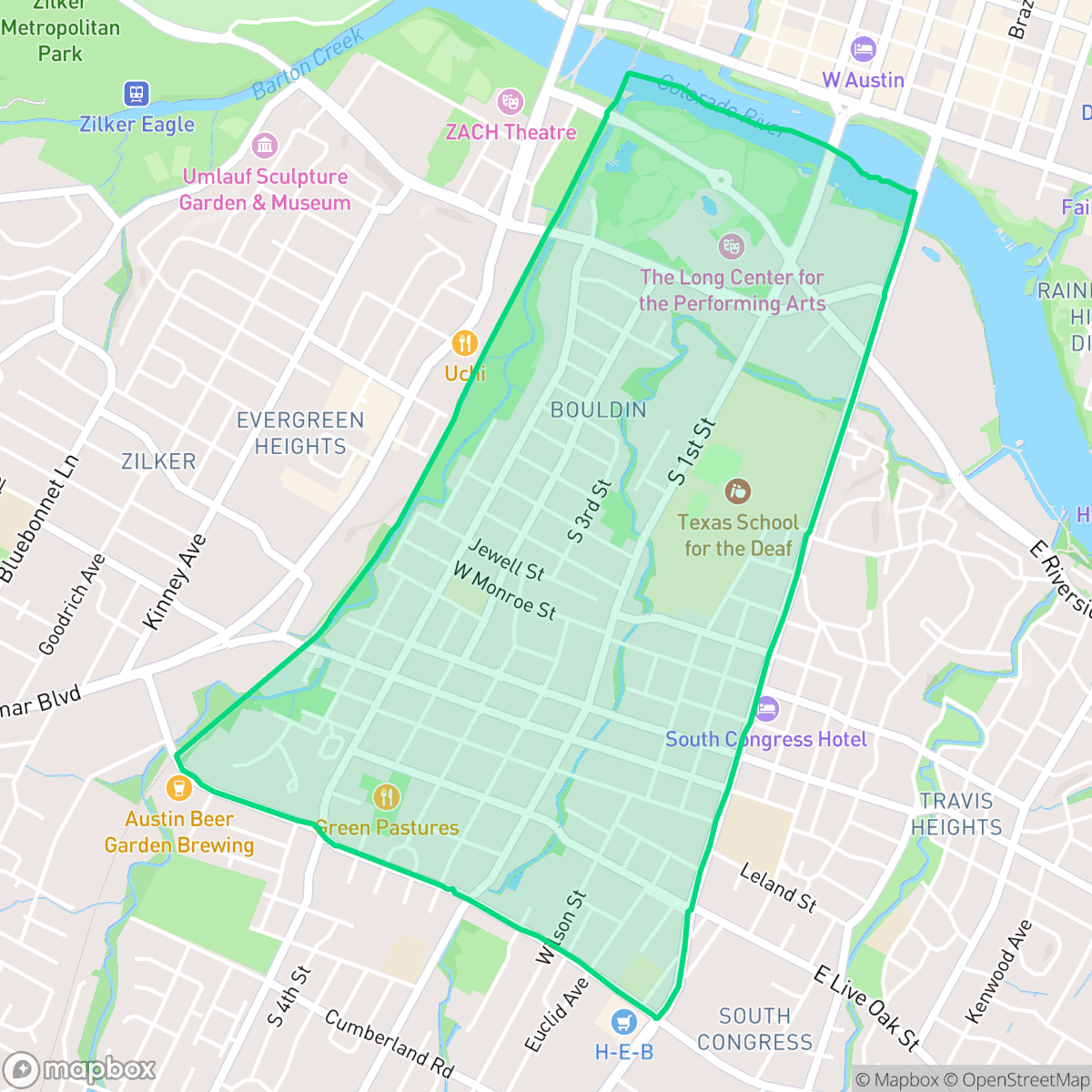 Map showing the location of Bouldin, Austin, TX