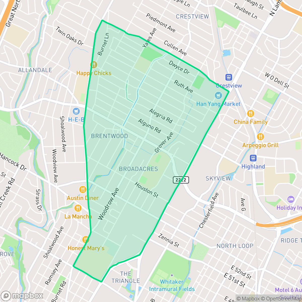 Map showing the location of Brentwood, Austin, TX