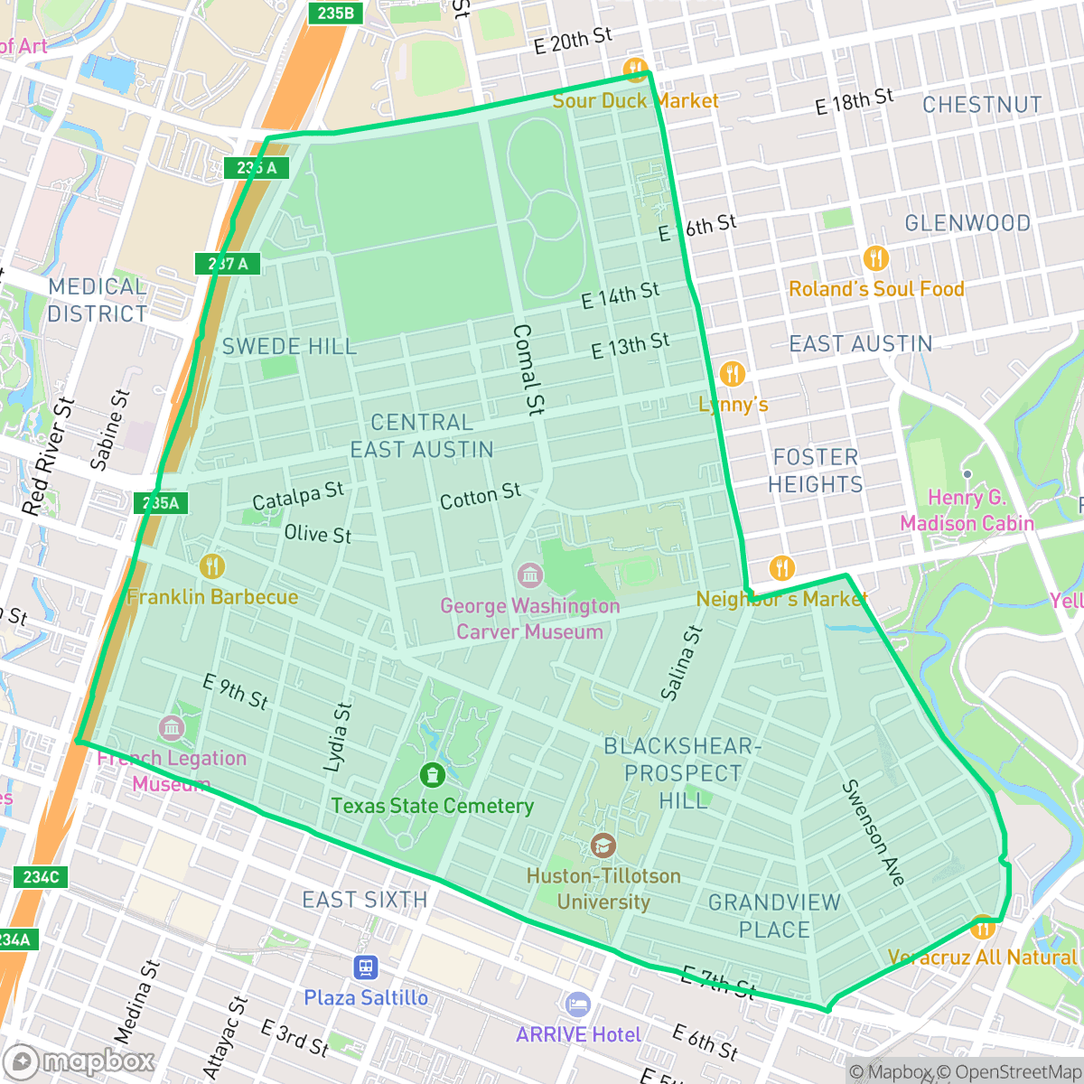 Map showing the location of Central East Austin, Austin, TX