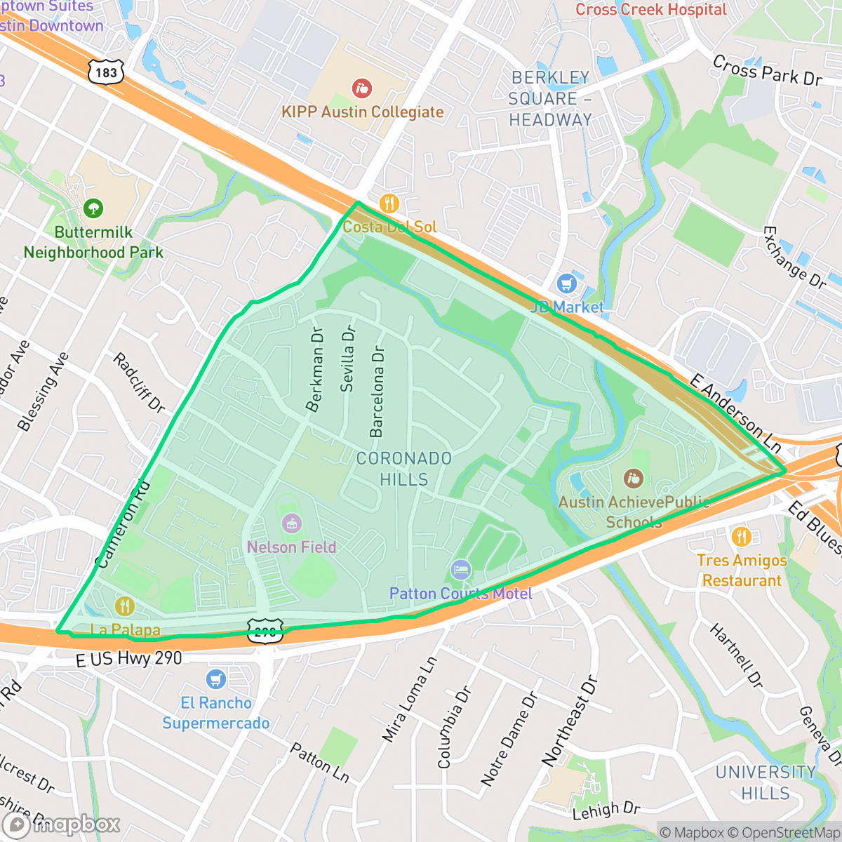 Map showing the location of Coronado Hills, Austin, TX