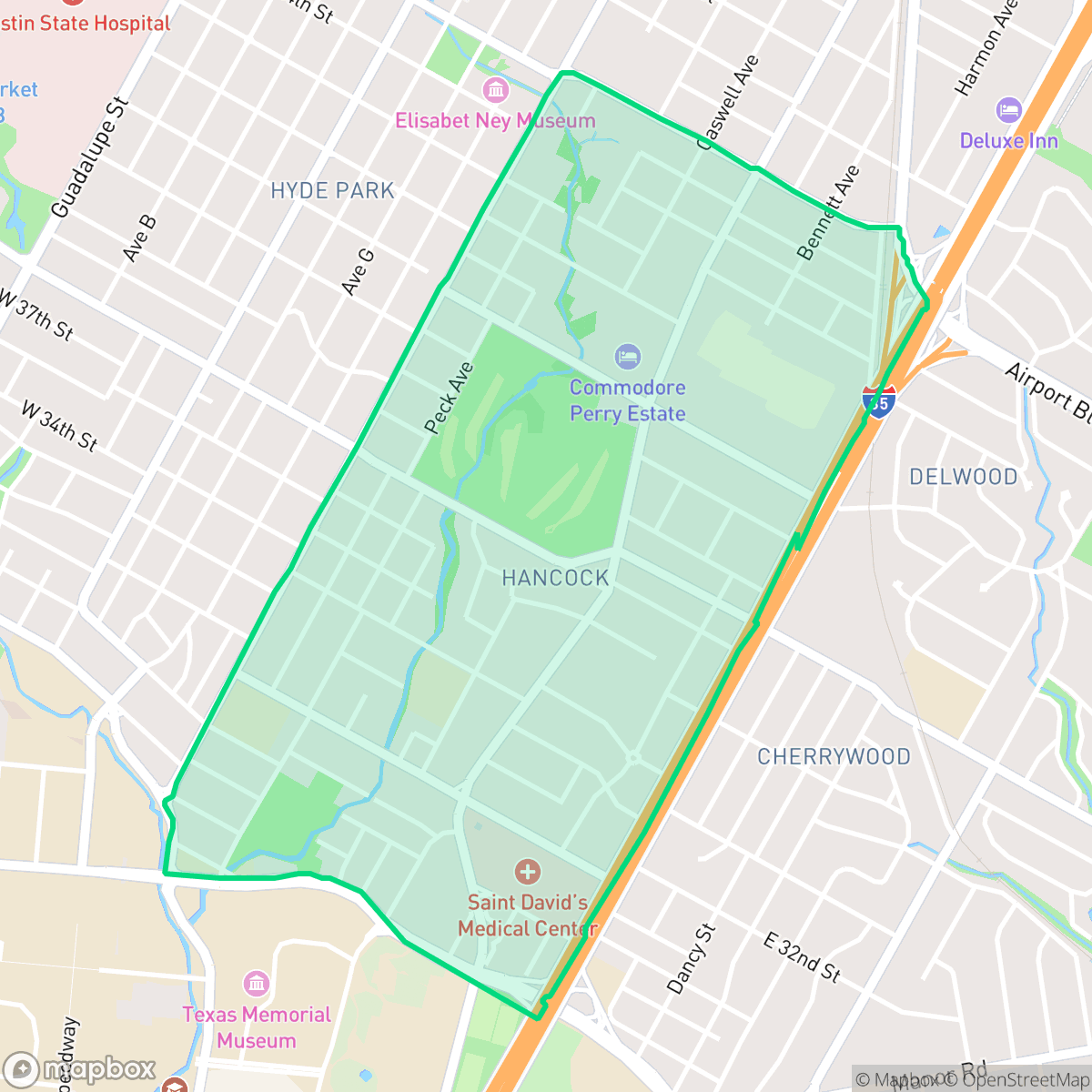 Map showing the location of Hancock, Austin, TX