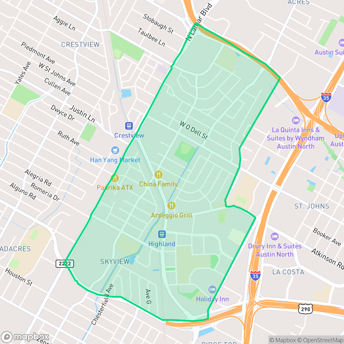 Map showing the location of Highland, Austin, TX