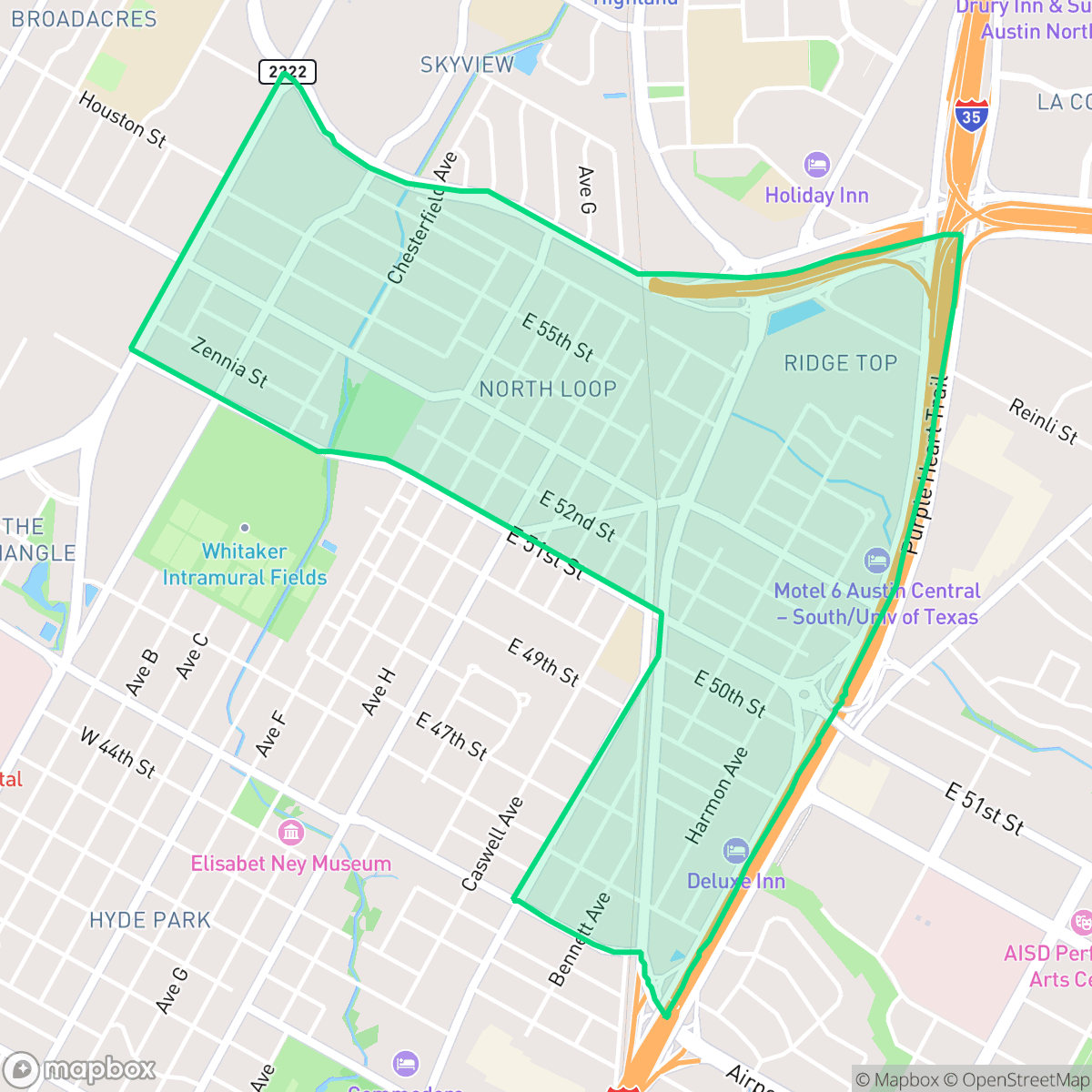 Map showing the location of North Loop, Austin, TX