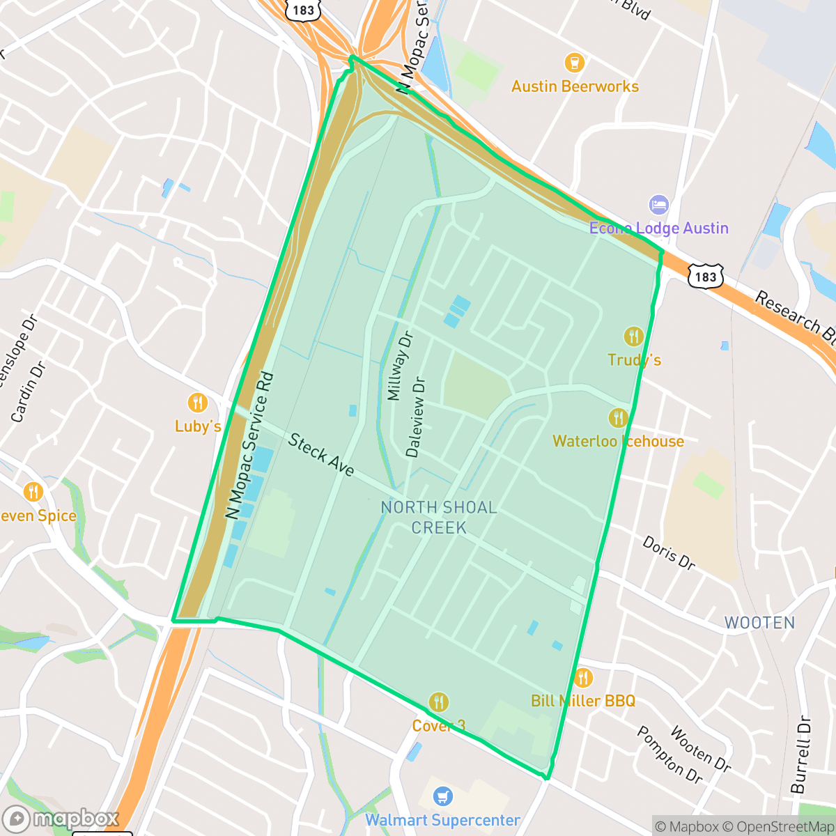 Map showing the location of North Shoal Creek, Austin, TX
